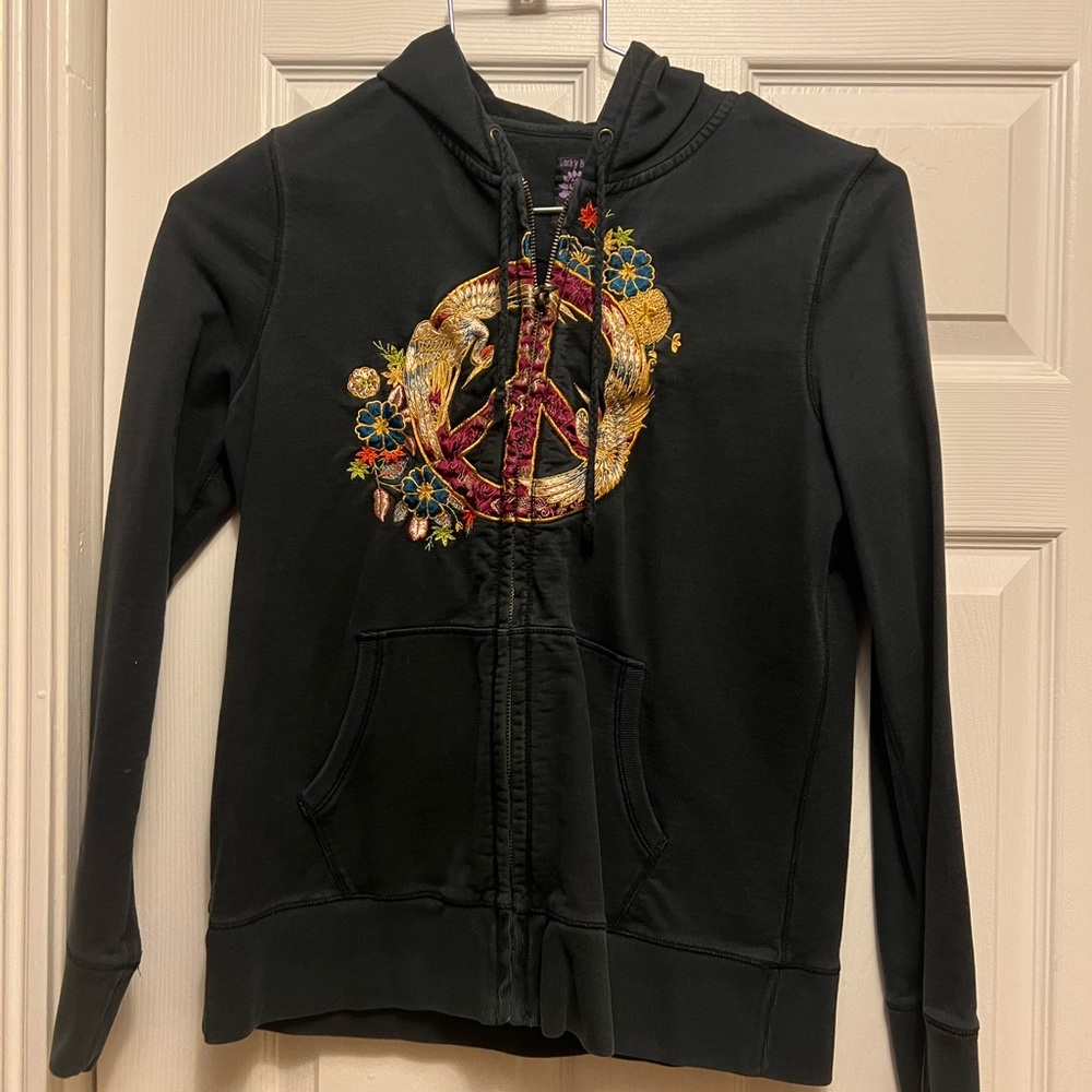 Lucky Brand Hoodie L Blue Embroidery Peace Sign With Flowers And Birds